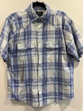 Dickies Blue and White Plaid Short-Sleeve Button-Up Shirt Men's Medium